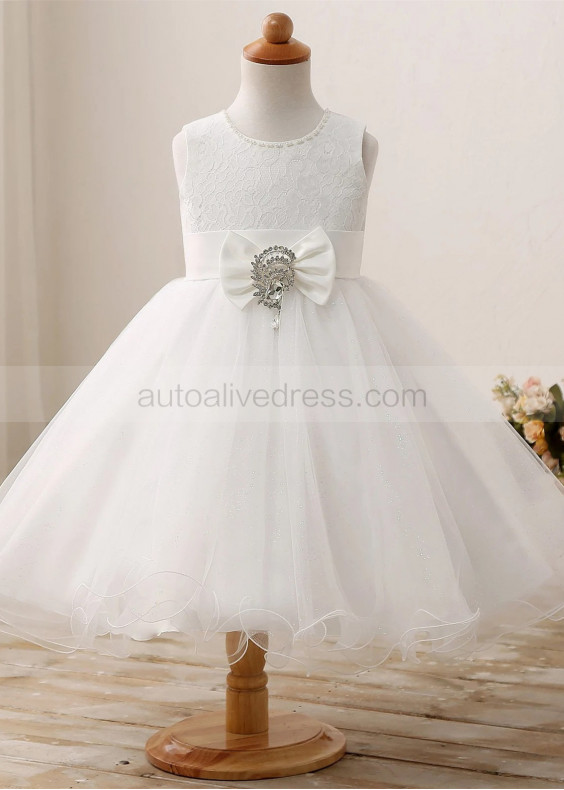 Ivory Lace Sparkly Tulle Flower Girl Dress With Crystal Pin Ivory Lace Sparkly Tulle Flower Girl Dress With Crystal Pin